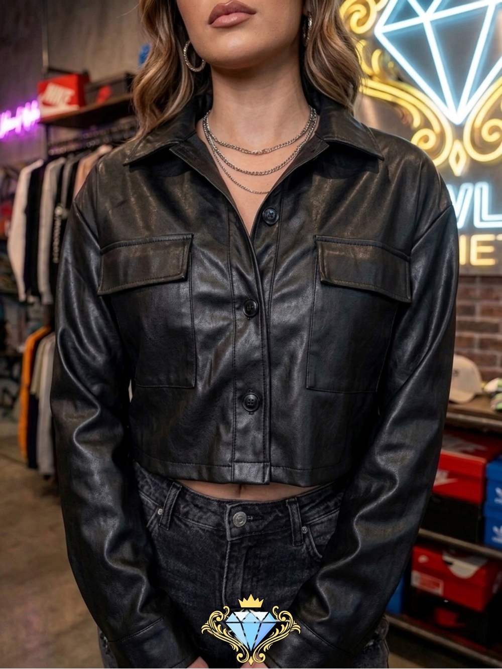 Boohoo Black Faux Leather Cropped Button Front Shirt Jacket Top | Size 10